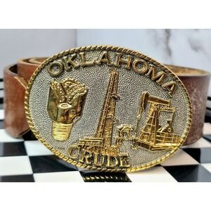 Vintage Genuine Leather Men's Size 40 ADM Oklahoma Crude Oil Buckle Belt! 64